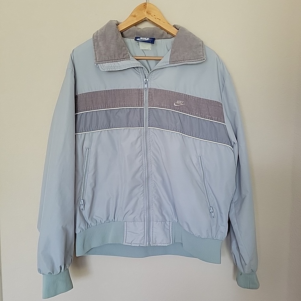 Vtg Nike 80s Mens Jacket Windbreaker Size L Stripe Corduroy Collar Blue Label